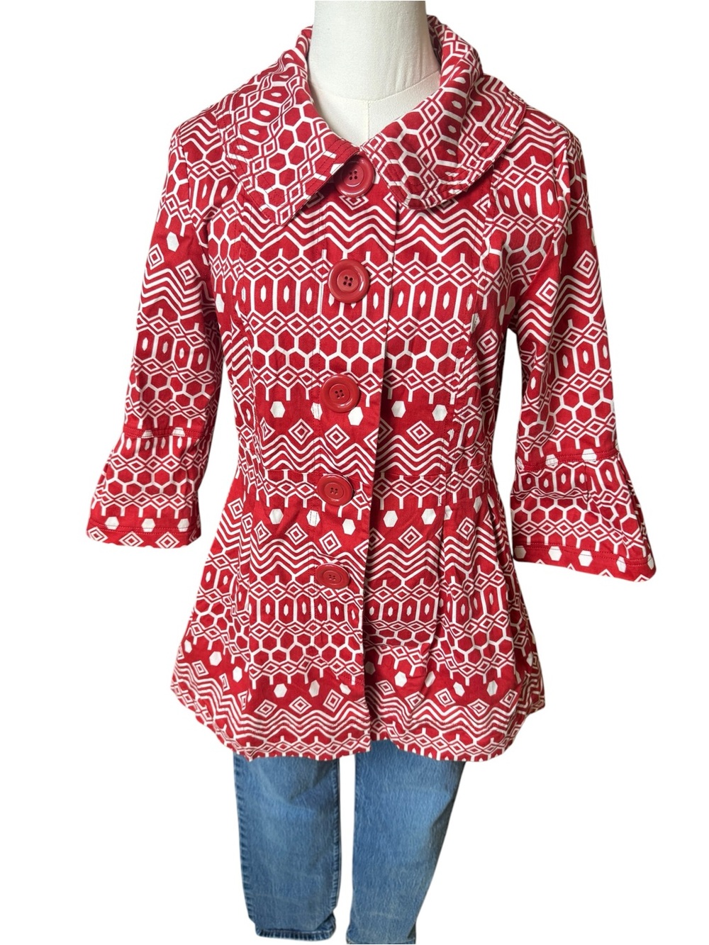 Red Geometric Print Button Front Coat - Picture 2 of 6